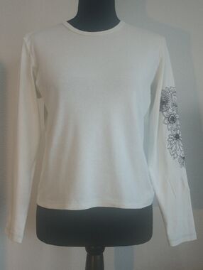 Talbots White Long-Sleeve Crewneck Top with Floral Sleeve Print